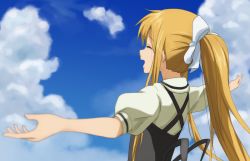 Rule 34 | 00s, 1girl, ^ ^, air (visual novel), blonde hair, bow, closed eyes, cloud, crying, day, hair bow, hair ribbon, kamio misuzu, key (company), long hair, looking away, looking up, open mouth, outstretched arms, ponytail, ribbon, shizupu, sky, smile, solo, spread arms, streaming tears, summer, tears