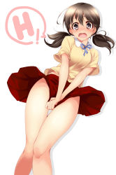 Rule 34 | 1girl, blush, brown eyes, brown hair, embarrassed, hair tie, highres, legs, matsuno canel, no panties, open mouth, original, short hair, simple background, skirt, skirt tug, solo, tears, twintails, underwear, white background