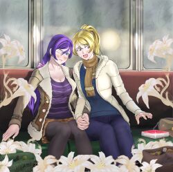 Rule 34 | 2girls, absurdres, ayase eli, blonde hair, blue eyes, blush, breasts, cleavage, closed mouth, couple, flower, green eyes, highres, holding hands, large breasts, lily (flower), long hair, looking at viewer, love live!, love live! school idol project, multiple girls, non-web source, one eye closed, open mouth, purple hair, rain, scarf, self-upload, short hair, sitting, smile, tojo nozomi, train interior, white day, wink, zakiuqw