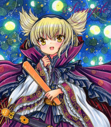 Rule 34 | 1girl, :d, adapted costume, blonde hair, blue background, blush, cape, cowboy shot, danmaku, earmuffs, embellished costume, frills, hair between eyes, hand up, holding, holding stick, long sleeves, looking at viewer, open mouth, pointy hair, purple cape, ritual baton, rui (sugar3), sample watermark, sheath, sheathed, short hair, simple background, sleeves past wrists, smile, solo, stick, sword, touhou, toyosatomimi no miko, watermark, weapon, wide sleeves, yellow eyes