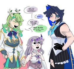 Rule 34 | 3girls, antlers, blue eyes, blue hair, blush, bow, bow earrings, braid, breasts, ceres fauna, ceres fauna (1st costume), chest jewel, cleavage, colored inner hair, dress, earrings, english text, flower, green hair, grey hair, hair flower, hair intakes, hair ornament, highres, hololive, hololive english, horns, jewelry, koseki bijou, koseki bijou (1st costume), long hair, medium breasts, mochiparrot, multicolored hair, multiple girls, ouro kronii, ouro kronii (1st costume), short hair, small breasts, virtual youtuber, white background, white dress