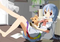 Rule 34 | 1girl, absurdres, ahoge, bad id, bad pixiv id, barefoot, blue hair, bow, contemporary, corded phone, cradling phone, female focus, highres, hinanawi tenshi, indoors, legs, long hair, no headwear, off shoulder, paper, pencil, phone, red eyes, sitting, solo, stuffed animal, stuffed toy, sunyukun, talking on phone, teddy bear, touhou, very long hair