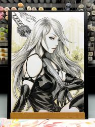 Rule 34 | 1girl, a2 (nier:automata), android, armlet, art tools in frame, black gloves, black shorts, commentary, english commentary, gloves, grey eyes, highres, joints, long hair, looking at viewer, marker (medium), nier:automata, nier (series), over shoulder, patterned clothing, pink lips, robot joints, shorts, silver hair, sitting, stanley lau, sword, sword over shoulder, tank top, traditional media, weapon, weapon over shoulder