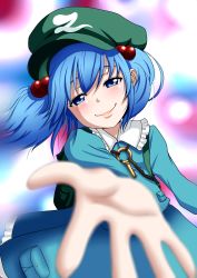 Rule 34 | 1girl, absurdres, backpack, bad id, bad pixiv id, bag, blue eyes, blue hair, blurry, depth of field, female focus, foreshortening, hair bobbles, hair ornament, hat, highres, kawashiro nitori, key, matching hair/eyes, md5 mismatch, nekota susumu, outstretched arm, randoseru, short hair, skirt, smile, solo, touhou, twintails, two side up