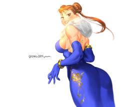 Rule 34 | 1girl, alternate hair length, alternate hairstyle, armlet, ass, backless dress, backless outfit, bangle, bare shoulders, blue dress, blue gloves, bracelet, breasts, brown eyes, brown hair, capcom, chun-li, commentary request, double bun, dress, elbow gloves, feather boa, formal, gloves, hair bun, highres, impossible clothes, impossible dress, jewelry, large breasts, lipstick, long dress, looking back, makeup, no bra, o-ring, o-ring dress, sideboob, smile, solo, street fighter, thick thighs, thighs, tombsakura, toned, twintails, twitter username, white background