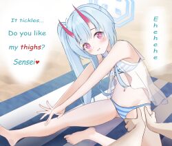 Rule 34 | absurdres, bare arms, bare legs, bare shoulders, barefoot, beach, bikini, blue archive, blue hair, chise (blue archive), chise (swimsuit) (blue archive), commission, english text, highres, hitomi13, horns, light blue hair, looking at viewer, oni horns, pixiv commission, sand, side ponytail, stretching, swimsuit, thighs