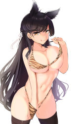 Rule 34 | 1girl, animal ears, animal print, atago (azur lane), azur lane, bikini, bikini pull, bikini top lift, black hair, black thighhighs, breasts, closed mouth, clothes lift, clothes pull, collarbone, commentary request, cowboy shot, hair ribbon, hand in bikini, highres, large breasts, lifted by self, long hair, looking at viewer, mole, mole under eye, navel, print bikini, pulled by self, ribbon, schreibe shura, simple background, solo, standing, stomach, swimsuit, thighhighs, tiger print, tongue, tongue out, very long hair, white background, white ribbon