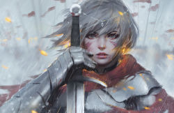 Rule 34 | 1girl, armor, banner, breastplate, circlet, earrings, facepaint, fantasy, gauntlets, glowing, guweiz, holding, holding sword, holding weapon, jewelry, looking at viewer, nose, original, outdoors, parted lips, pink lips, polearm, portrait, rain, red scarf, scarf, silhouette, grey eyes, silver hair, solo focus, spear, sword, upper body, water, weapon