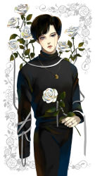 Rule 34 | 1boy, alicom, amputee, bad id, bad pixiv id, blue eyes, brown hair, flower, green flower, green rose, highres, holding, holding flower, jewelry, male focus, necklace, orange flower, orange rose, original, plant, rose, scar, short hair, solo, stitches, white flower, white rose