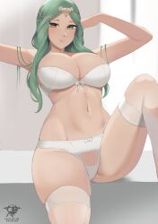 Rule 34 | 1girl, absurdres, arms up, artist logo, bra, breasts, cameltoe, circlet, cleavage, fire emblem, fire emblem: three houses, green eyes, green hair, highres, kaos art, knee up, large breasts, lingerie, long hair, looking at viewer, navel, nintendo, panties, parted lips, rhea (fire emblem), sitting, solo, stomach, thighhighs, thighs, underwear, underwear only, white bra, white panties, white thighhighs