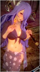 1boy 1girl 3d absurdres alternate_costume axe bandit bare_midriff bikini black_bikini black_swimsuit breasts bug butterfly camilla_(fire_emblem) female_focus fire_emblem fire_emblem_fates flower fog forest green_eyes green_hair hair_flower hair_ornament headband hiding highres hotcakesmcnasty imminent_rape insect leaf long_hair mask medium_breasts midriff nail_polish nature night nintendo open_mouth outdoors pink_eyes purple_hair purple_nails rape rock sarong see-through short_hair solo_focus story_at_source swimsuit tree very_long_hair very_short_hair weapon