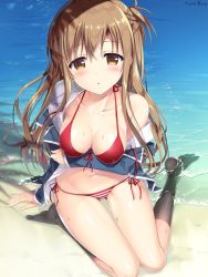 Rule 34 | 10s, 1girl, :o, arm support, asuna (sao), beach, bikini, bikini under clothes, blush, breasts, brown eyes, brown hair, cleavage, front-tie bikini top, front-tie top, long hair, looking at viewer, medium breasts, navel, partially submerged, school uniform, shiny skin, side-tie bikini bottom, solo, sousouman, striped, swimsuit, swimsuit under clothes, sword art online, thigh gap, undressing