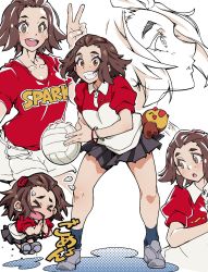 Rule 34 | 10s, 1girl, ball, blouse, brown eyes, brown hair, chestnut mouth, chibi, clothes writing, expressions, gridman universe, hair ornament, hairclip, highres, holding, holding ball, playing sports, pleated, pleated skirt, red shirt, shirt, shirt writing, short hair, simple background, skirt, smile, socks, ssss.gridman, stuffed animal, stuffed toy, thick eyebrows, tonkawa sakiru, v, volleyball, volleyball (object), white background