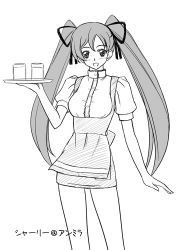 Rule 34 | 00s, 1girl, anna miller, blush, code geass, glass, greyscale, hair ribbon, long hair, looking at viewer, lowres, masakichi (crossroad), monochrome, ribbon, shirley fenette, solo, standing, tray, twintails, waitress
