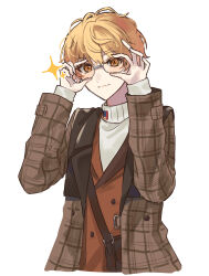 Rule 34 | 1boy, adjusting eyewear, bag, bespectacled, blonde hair, brown bag, brown coat, brown jacket, buttons, closed mouth, coat, commentary request, cropped torso, double-breasted, glasses, grey-framed eyewear, hands on eyewear, hands up, highres, jacket, lapels, layered clothes, light blush, light smile, long sleeves, looking at viewer, male focus, multicolored clothes, multicolored coat, multicolored jacket, notched lapels, open clothes, open coat, orange eyes, plaid, plaid coat, project sekai, round eyewear, short hair, shoulder bag, simple background, sweater, tenma tsukasa, too2 (yymg om), turtleneck, turtleneck sweater, two-tone jacket, unbuttoned, upper body, white background, zozotown