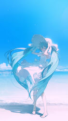 Rule 34 | 1girl, :d, absurdly long hair, adjusting clothes, adjusting headwear, aqua hair, barefoot, beach, blue sky, cloud, dress, closed eyes, hands on headwear, hat, hatsune miku, highres, long hair, ocean, open mouth, pigeon-toed, rella, sky, sleeveless, sleeveless dress, smile, sun hat, sundress, twintails, very long hair, vocaloid, white dress, white headwear, wind, wind lift