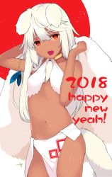 Rule 34 | 1girl, 2018, :d, animal ears, bare arms, bare shoulders, cape, chinese zodiac, collar, commentary request, cowboy shot, dark-skinned female, dark skin, dog ears, dog tail, fang, hands up, happy new year, highres, looking at viewer, metal collar, navel, necklace, new year, open mouth, original, pelvic curtain, red eyes, saryuu (iriomote), signature, slit pupils, smile, solo, standing, tail, tooth necklace, typo, year of the dog