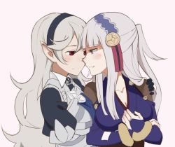 Rule 34 | 2girls, arm around shoulder, blue eyes, blush, breasts, bridal gauntlets, chocotto715, cleavage, collarbone, corrin (female) (fire emblem), corrin (fire emblem), ear blush, eye contact, fire emblem, fire emblem fates, grey hair, hairband, jewelry, kiss, long hair, looking at another, multiple girls, nintendo, noses touching, pink background, pointy ears, puffy short sleeves, puffy sleeves, pulled by self, red eyes, rhajat (fire emblem), ring, short sleeves, simple background, smile, upper body, yuri
