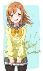 Rule 34 | 1girl, artist name, artist request, black pantyhose, blush, bow, bowtie, breasts, brown eyes, brown hair, clenched hands, collarbone, eyebrows, female focus, grey sailor collar, grey skirt, hair between eyes, highres, kunikida hanamaru, light brown hair, long hair, long sleeves, looking at viewer, love live!, love live! sunshine!!, matching hair/eyes, miniskirt, orange bow, orange bowtie, pantyhose, parted lips, plaid, plaid skirt, pleated, pleated skirt, sailor collar, school uniform, skirt, sleeves past wrists, small breasts, smile, solo, sweater, sweater vest, uranohoshi school uniform, vest, yellow eyes, yellow sweater, yellow vest