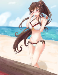 Rule 34 | 10s, 1girl, bikini, blush, bottle, breasts, brown eyes, brown hair, cleavage, gradient background, highres, kantai collection, long hair, makurano, makurano`, open mouth, ponytail, ramune, solo, swimsuit, yamato (kancolle)