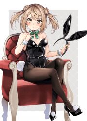 Rule 34 | 1girl, absurdres, alternate costume, animal ears, armchair, bare shoulders, black footwear, black leotard, black pantyhose, blush, bow, bowtie, breasts, brown hair, brown pantyhose, chair, closed mouth, commentary request, double bun, fake animal ears, fake tail, frown, green bow, green bowtie, hair bun, hand up, highleg, highleg leotard, highres, holding, kantai collection, leotard, light brown hair, looking at viewer, michishio (kancolle), pantyhose, playboy bunny, rabbit ears, rabbit tail, short twintails, simple background, sitting, small breasts, solo, strapless, strapless leotard, tail, twintails, wrist cuffs, yellow eyes, yunamaro