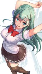 Rule 34 | 1girl, akasaai, aqua hair, arm up, blue eyes, blush, bow, bowtie, breasts, brown skirt, brown thighhighs, buttons, collarbone, frilled skirt, frills, from above, hair between eyes, hair ornament, hairclip, highres, kantai collection, large breasts, long hair, looking at viewer, open mouth, pleated skirt, red bow, red bowtie, remodel (kantai collection), rigging, shirt, sidelocks, simple background, skirt, smokestack, solo, striped clothes, striped skirt, suzuya (kancolle), thighhighs, white background, white shirt