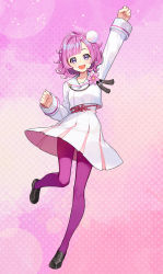 Rule 34 | 1girl, :d, arm up, black footwear, breasts, character request, commentary request, flower, halftone, head tilt, highres, loafers, long sleeves, looking at viewer, official art, onsen musume, open mouth, pantyhose, pink background, pink flower, pink hair, pleated skirt, purple eyes, purple pantyhose, sailor collar, school uniform, serafuku, shirt, shoes, skirt, sleeves past wrists, small breasts, smile, solo, standing, standing on one leg, white sailor collar, white shirt, white skirt, yuu (higashi no penguin)