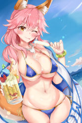 Rule 34 | 1girl, ;p, absurdres, animal ear fluff, animal ears, between breasts, bikini, blue bikini, blush, breasts, cleavage, closed mouth, collarbone, cowboy shot, day, fate/grand order, fate (series), food, fox ears, fox girl, fox tail, groin, hair between eyes, highres, holding, holding food, ice cream, innertube, jewelry, kuro (blackpgmickey), large breasts, long hair, looking at viewer, micro bikini, navel, necklace, ocean, one eye closed, outdoors, pink hair, popsicle, shiny skin, side-tie bikini bottom, sidelocks, skindentation, smile, solo, standing, stomach, suggestive fluid, sweat, swim ring, swimsuit, tail, tamamo (fate), tamamo no mae (fate/extra), tamamo no mae (swimsuit lancer) (fate), thigh gap, tongue, tongue out, yellow eyes