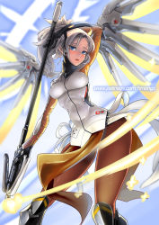 Rule 34 | 1girl, arm up, blonde hair, blue eyes, blush, breasts, brown pantyhose, cowboy shot, halo, hm (hmongt), long hair, mechanical halo, mechanical wings, mercy (overwatch), overwatch, overwatch 1, pantyhose, silver hair, skin tight, solo, spread wings, staff, watermark, web address, wings, yellow wings
