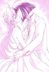 Rule 34 | 1boy, 1girl, antenna hair, arms around waist, backless dress, backless outfit, blush, bow, closed eyes, couple, dress, dress shirt, earrings, hair between eyes, hetero, highres, imminent kiss, jacket, jewelry, limited palette, lina inverse, long hair, long sleeves, purple hair, satoashu, shirt, silver hair, slayers, sleeveless, sleeveless dress, strapless, strapless dress, very long hair, white bow, white dress, white jacket, white shirt, xelloss