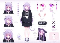 Rule 34 | 1girl, :d, animal, animal ear fluff, animal ears, bandaid, bandaid on face, bandaid on thigh, black collar, black hoodie, blush, cat, cat ears, cat tail, character sheet, closed mouth, collar, deyui, ear piercing, expressions, extra ears, eyepatch, highres, holding, holding animal, holding cat, hood, hoodie, indie virtual youtuber, long hair, mikeneko (vtuber), mikeneko (vtuber) (2nd costume), multiple views, official art, open mouth, parted lips, piercing, portrait, purple eyes, purple hair, shoes, sleeves past fingers, sleeves past wrists, smile, tail, thigh strap, translation request, very long hair, virtual youtuber