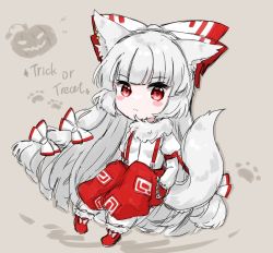 Rule 34 | 1girl, animal ears, blunt bangs, bow, closed mouth, collared shirt, english text, fujiwara no mokou, full body, hair bow, halloween, hands in pockets, highres, koharu66353343, long hair, looking at viewer, red apnts, red eyes, red footwear, shirt, simple background, solo, suspenders, tail, touhou, trick or treat, very long hair, white bow, white shirt