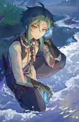 Rule 34 | 1boy, absurdres, aqua hair, arm tattoo, barefoot, beach, bead necklace, beads, closed mouth, facial mark, forehead mark, genshin impact, gloves, gradient hair, grass, green hair, hair between eyes, highres, holding, holding shell, jewelry, kotatsu kaya, looking at viewer, makeup, male focus, mask, mountain, multicolored hair, necklace, night, outdoors, seashell, shell, shell to ear, solo, sparkle, squatting, tassel, tattoo, water, xiao (genshin impact), yellow eyes