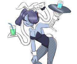 Rule 34 | asagao (bikaburi), blue hair, blue skin, blush, bow, bowtie, closed eyes, colored skin, cowboy shot, cup, detached collar, drinking glass, drinking straw, fishnet pantyhose, fishnets, hair over one eye, hand on own knee, leaning forward, leotard, leviathan (skullgirls), pantyhose, playboy bunny, rabbit ears, rabbit tail, skullgirls, smile, squigly (skullgirls), stitched mouth, stitches, tray, white background, wrist cuffs, zombie