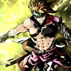 Rule 34 | 1boy, abs, bare pectorals, blonde hair, chest harness, fate/grand order, fate (series), feet out of frame, fgo moyashi, harness, headband, sakata kintoki (heian warrior attire) (fate), igote, lightning bolt symbol, looking at viewer, male focus, muscular, muscular male, navel, official alternate costume, pectorals, sakata kintoki (fate), short hair, single bare shoulder, smile, solo, spiked hair
