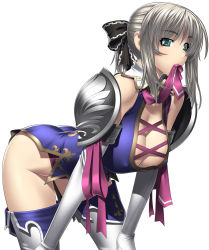 Rule 34 | 1girl, armor, ass, bent over, breasts, cassandra alexandra, cleavage, covered erect nipples, elbow gloves, gloves, green eyes, hair ribbon, huge ass, kansuke, large breasts, leaning forward, mouth hold, necktie, pink necktie, ponytail, ribbon, sideboob, silver hair, solo, soul calibur, soulcalibur, soulcalibur iv, thighhighs