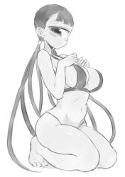 Rule 34 | 1girl, bare arms, bare legs, bare shoulders, barefoot, bikini, blush, breasts, closed mouth, cyclops, from side, greyscale, gulp5959, kneeling, large breasts, long hair, looking at viewer, low twintails, monochrome, navel, one-eyed, original, simple background, solo, swimsuit, toned, twintails, very long hair, white background