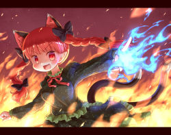 Rule 34 | 1girl, :3, animal ear fluff, animal ears, arinu, blue fire, bow, braid, cat ears, cat tail, commentary request, embers, extra ears, fang, fire, hair bow, kaenbyou rin, letterboxed, long sleeves, looking at viewer, multiple tails, neck ribbon, open mouth, pointy ears, red background, red eyes, red hair, ribbon, solo, tail, touhou, twin braids, two tails