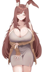 Rule 34 | 1girl, absurdres, animal ear fluff, animal ears, blush, breasts, brown hair, cleavage, closed eyes, commission, covered navel, dongtan dress, dress, grey dress, highres, huge breasts, jacket, long hair, looking at viewer, meme attire, mole, mole under mouth, open clothes, open jacket, original, rabbit ears, rabbit girl, second-party source, simple background, smile, solo, very long hair, white background, yn 6262