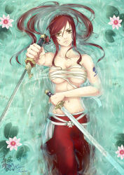 Rule 34 | 1girl, absurdres, bare shoulders, breasts, brown eyes, brown theme, cleavage, erza scarlet, fairy tail, flower, hakama, hakama skirt, highres, japanese clothes, large breasts, lily (flower), long hair, navel, red hair, skirt, solo, sword, tattoo, underboob, water, weapon