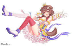 Rule 34 | :d, ankle cuffs, asymmetrical legwear, braid, brown hair, crown, detached sleeves, dog girl, dress, fangs, frilled gloves, frills, fukahire (ruinon), full body, gloves, gold trim, hair ornament, heart, heart hair ornament, high heels, highres, holding, holding microphone, hololive, inugami korone, inugami korone (saikyo tensai wonderful world of korone), layered dress, legs, looking at viewer, microphone, mismatched legwear, official alternate costume, open mouth, red eyes, red thighhighs, ribbon, smile, solo, star (symbol), star hair ornament, strapless, strapless dress, striped ribbon, thighhighs, twin braids, virtual youtuber, white gloves, white thighhighs, yellow dress