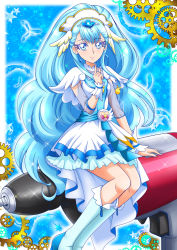 Rule 34 | 1girl, blue eyes, blue footwear, blue hair, blue socks, capelet, closed mouth, collarbone, cure ange, diadem, dress, earrings, gears, hair ornament, hanzou, highres, hugtto! precure, index finger raised, jewelry, kneehighs, layered dress, long hair, looking at viewer, precure, see-through, short dress, sitting, smile, socks, solo, very long hair, white capelet, white dress