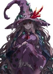 Rule 34 | 1girl, black sclera, breasts, colored sclera, dark witch eleine, dress, ender lilies quietus of the knights, grey hair, hat, highres, large breasts, long hair, looking at viewer, parted lips, purple dress, purple hat, ramuya (lamb), red eyes, simple background, solo, very long hair, white background, witch, witch hat