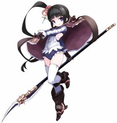 Rule 34 | 1girl, atelier (series), atelier totori, black gloves, black hair, boots, brown footwear, capelet, closed mouth, expressionless, full body, gloves, hair ornament, highres, holding, holding polearm, holding spear, holding weapon, karukan (monjya), knee boots, leotard, long hair, looking at viewer, mimi houllier von schwarzlang, polearm, purple capelet, purple eyes, side ponytail, simple background, solo, spear, standing, standing on one leg, thighhighs, thighhighs under boots, weapon, white background, white thighhighs