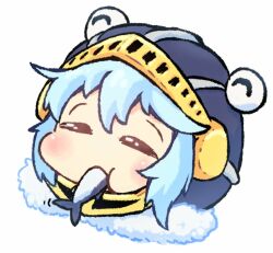 Rule 34 | 1other, androgynous, blue hair, blue headwear, chibi, closed eyes, commentary request, eating, fish, fish (food), food, food in mouth, fur trim, helmet, len&#039;en, light blue hair, moritake medias, short hair, simple background, solo, white background, yuejiao tuan