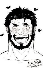 Rule 34 | 1boy, ahegao, bara, beard, blush, close-up, commission, cropped shoulders, drooling, facial hair, fate/zero, fate (series), hair strand, heart, heart-shaped pupils, highres, iskandar (fate), kimakkun, male focus, mature male, mouth drool, open mouth, second-party source, sexually suggestive, short hair, solo, symbol-shaped pupils, tearing up
