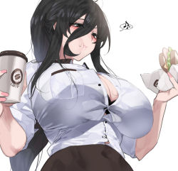 Rule 34 | 1girl, black eyes, black hair, black skirt, blush, breast pocket, breasts, button gap, chewing, cleavage, coffee cup, collared shirt, cup, disposable cup, dress shirt, eating, food, food in mouth, from below, hair between eyes, high ponytail, holding, holding food, huge breasts, large breasts, long hair, mimyo, nail polish, napkin, office lady, open clothes, open shirt, original, pink nails, pocket, ponytail, sandwich, shirt, shirt tucked in, sidelocks, skirt, sleeves rolled up, solo, upper body, white background, white shirt