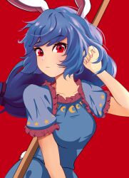 Rule 34 | 1girl, :&lt;, absurdres, animal ears, blue hair, blue shirt, closed mouth, collarbone, commentary, highres, long hair, looking at viewer, rabbit ears, rabbit girl, rabbit tail, red background, red eyes, rioku, seiran (touhou), shirt, simple background, solo, tail, touhou, upper body