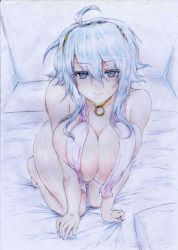 Rule 34 | 1girl, absurdres, ahoge, aqua eyes, bare shoulders, bed, breast press, breasts, choker, colored pencil (medium), covered erect nipples, duel monster, hair over breasts, hairband, highres, large breasts, leaning forward, looking at viewer, milla the temporal magician, nude, reebi, shueisha, sidelocks, smile, solo, traditional media, white hair, yu-gi-oh!