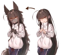 Rule 34 | 1girl, ahoge, animal ears, animal hands, arrow (symbol), before and after, black hair, body fur, brown eyes, claws, fang, furry, furry female, grey fur, gym shorts, hair over eyes, long hair, messy hair, open mouth, original, own hands together, shorts, shy, simple background, transformation, tukimitake, very long hair, werewolf, white background, wolf ears, wolf girl